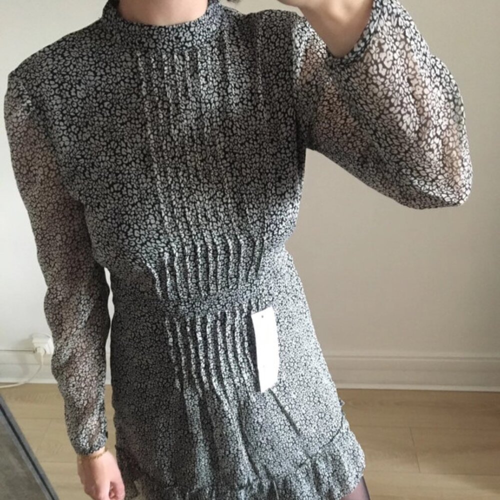 TOPSHOP blackgrey sheer LEOPARD mini DRESS 6 pleated with back cut outs